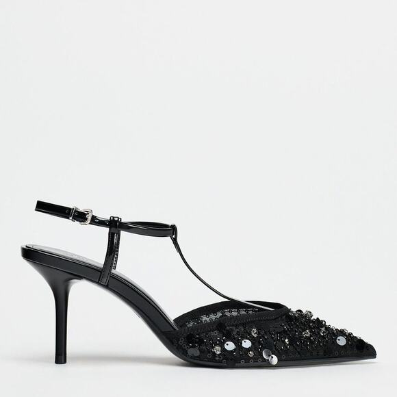 Zara Women’s Black Sequin T-Strap Stiletto Heels Pointed Toe Size 6.5 - Picture 1 of 10